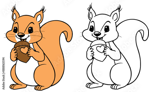 Adorable cartoon squirrel clutching an acorn with a heart vector illustration of a joyful animal mascot