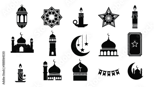 Ramadan kareem islamic symbols and icons set with mosques lanterns and crescent moons on white background