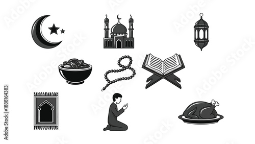 Ramadan kareem islamic symbols and icons set including crescent moon mosque lantern quran rosary food prayer rug and muslim man in prayer position on white background