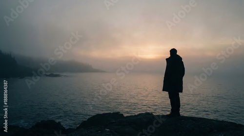 Silhouette of a man walking alone on a sandy beach at sunset by the sea under a colorful sky