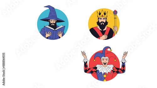 Three fictional character avatars featuring wizard king and jester on round backgrounds for game profile.