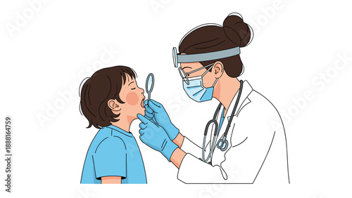 Professional female doctor examining young boy throat using medical equipment in clinic for checkup.