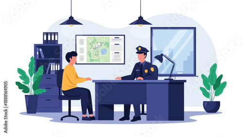 Young man being interviewed by police officer at desk in station office for incident investigation.