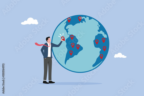 Businessman CEO put new branch pin on world map across globe, franchise in new location to cover all continent, global business expansion, open company branches, growing business worldwide concept.