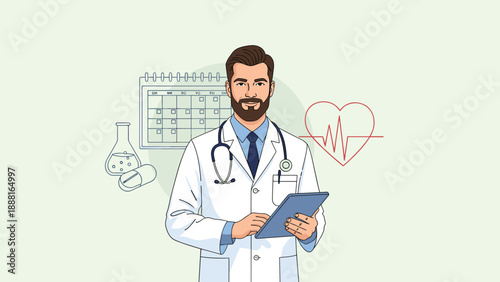 Male doctor in white coat holding digital tablet with various medical symbols and icons in background.