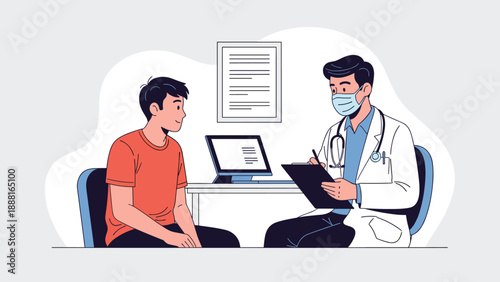 Medical professional in a white coat wearing a face mask consulting with a young male patient in a clinical office setting.