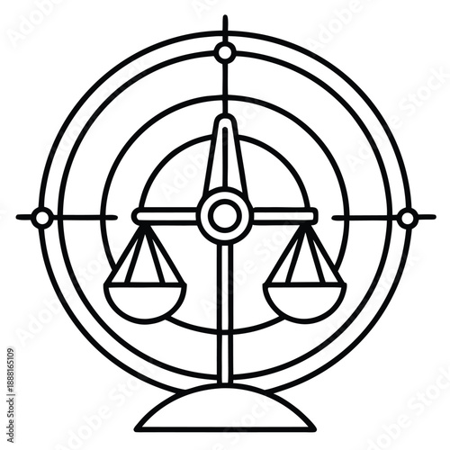 Justice scale icon with circle frame and cross lines symbol