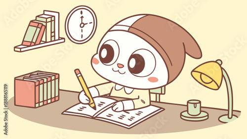 Cartoon child studying with a pencil in hand, with a concentrated and cute expression.