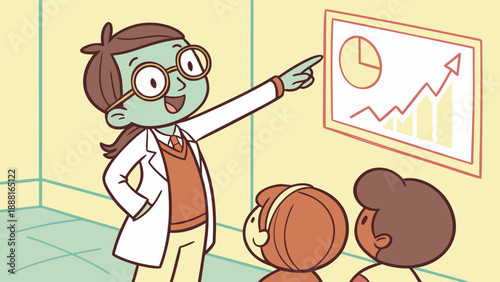 A cartoon teacher wearing glasses points to an imaginary image, representing an educational concept.