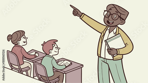 A cartoon teacher wearing glasses points to an imaginary image, representing an educational concept.