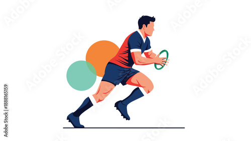 Determined rugby player in a red and blue jersey running with the ball during an intense match against a white background.