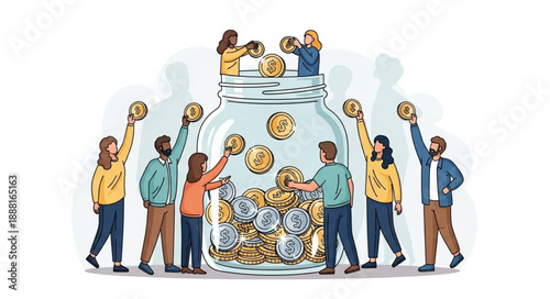 Diverse group of people contributing coins to a large glass jar symbolizing savings and investment.