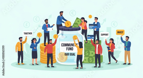 Diverse group of people contributing money to a communal fund jar illustration.