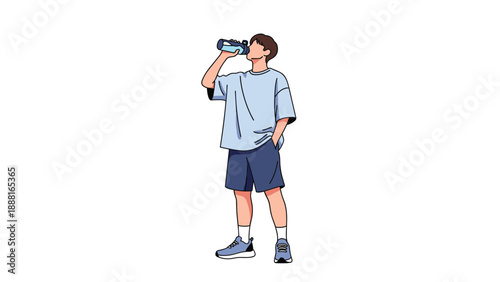 Young man in a blue oversized t-shirt and shorts standing while drinking water from a clear bottle against a white background.