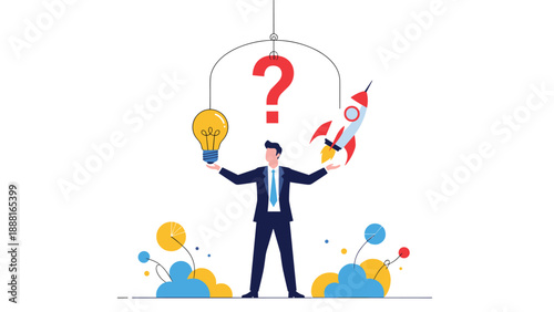 Businessman standing between a glowing light bulb and a rocket ship representing the choice between new ideas and startup growth.