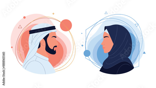 Side profile portraits of an Arabic man and woman in traditional attire set against abstract colorful circular backgrounds.