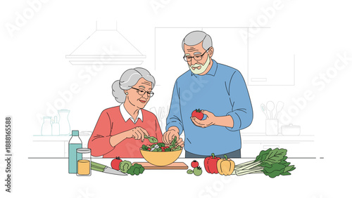 Happy senior couple preparing a healthy green salad together in their kitchen while enjoying retirement and healthy living.