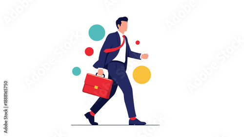 Confident businessman in a blue suit walking forward while carrying a red briefcase surrounded by colorful floating circles.