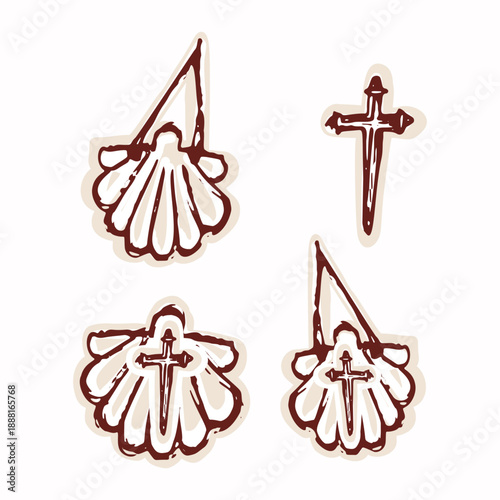 Saint James way pilgrims shell with santiago cross. Hand drawn isolated vectori design for pilgrimage travel clipart. European patron saint of spain symbol for camino de compostela set