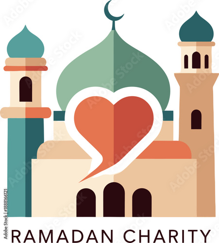 Stylized Ramadan charity illustration featuring a beautiful mosque with a crescent moon and symbolic heart design promoting generosity and community spirit during the holy month of Islam