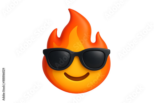 Cool flame emoji wearing sunglasses isolated on transparent background symbolizing heat fun party popular trend fire element expression and emotional social communication design render