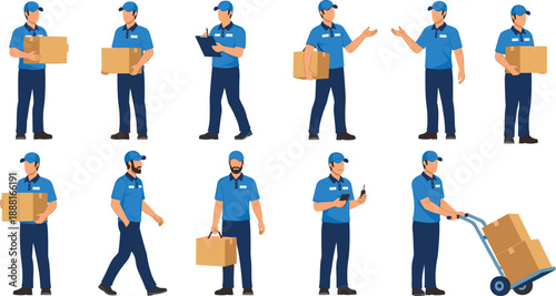 Delivery courier character set, logistics worker carrying boxes, warehouse service man illustration for shipping transportation workforce vector design collection