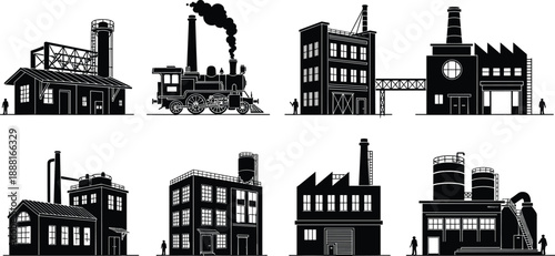 Industrial factory silhouettes set, vintage steam train, manufacturing buildings, power plants, heavy industry icons for engineering energy production vector illustration