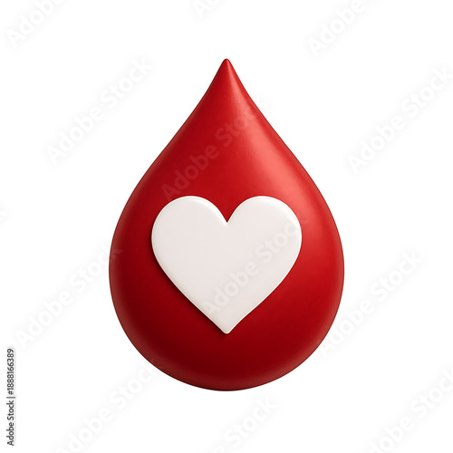 Red blood drop with white heart illustration isolated on transparent background symbol of donation care health life and support medical concept digital design render