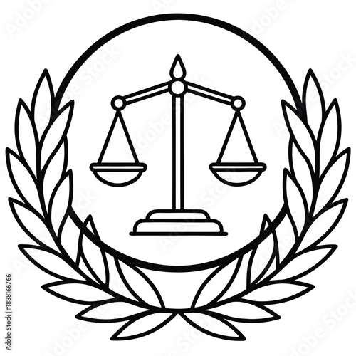 Scales of justice icon with laurel wreath symbolizing law and order
