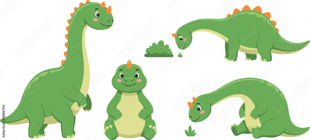 Obraz premium Cute Baby Dinosaur Cartoon Illustration Set Featuring Friendly Long Neck Herbivore Characters Eating Leaves for Kids Education, Nursery Art, and Vector Design