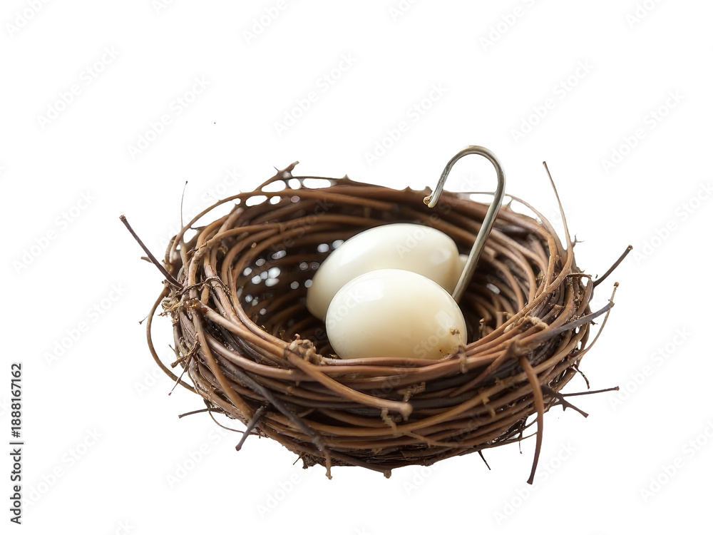 Obraz premium A simple and cozy scene of two eggs lying in a nest against a clean white background