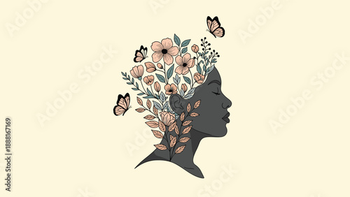Silhouette of a woman profile with beautiful flowers and butterflies growing from her head symbolizing mental health.
