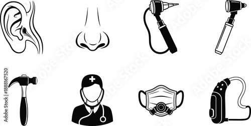 Black and white medical icon set featuring ENT symbols, hearing aid, otoscope, doctor, mask, ear, nose, and reflex hammer.
