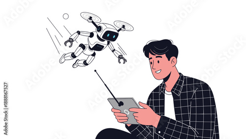 Young man using a tablet computer to remotely control a futuristic small flying robot in a minimalist white space.