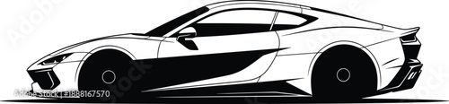 Black and white vector illustration of sleek modern sports car side view with aerodynamic design, sharp lines, and luxury styling.