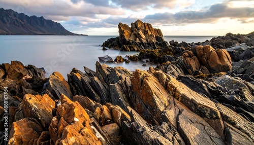 Scenic coastal landscape featuring textured rocks, calm water, distant mountains, and cloudy sky