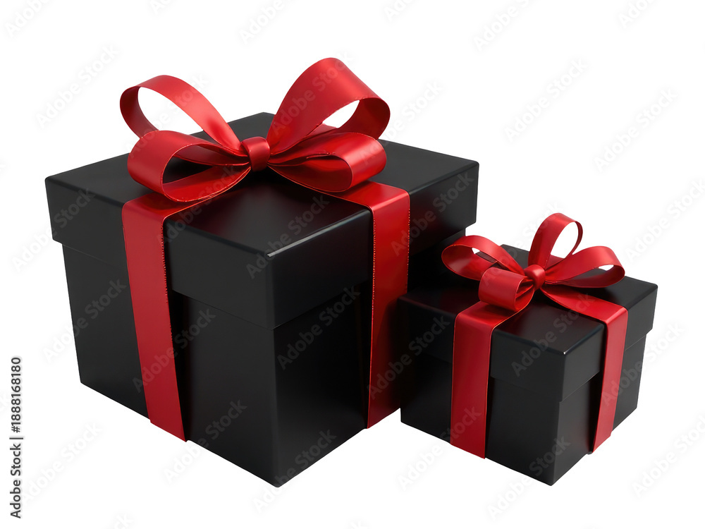 Obraz premium Two small black boxes tied with red ribbons, possibly gifts or decorations