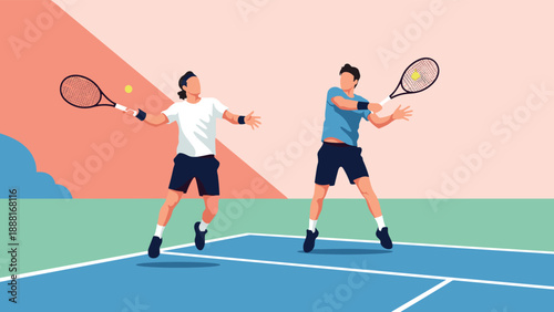 Two tennis players in active motion on a blue court against a vibrant orange and pink geometric sunset background.