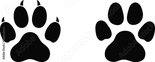 Black silhouette of two animal paw prints showing claw and no-claw detail, ideal for pet care, tracking, or design use.