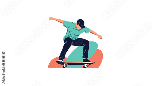 Skateboarder performing an ollie jump trick on his skateboard against a simple background with abstract shapes.
