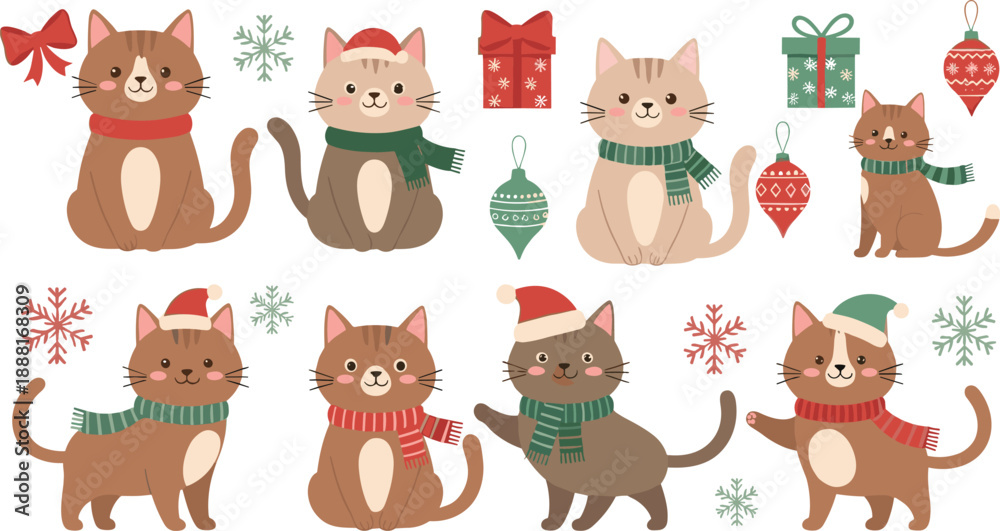 Fototapeta premium Cute Christmas Cat Cartoon Illustration Set Featuring Festive Kittens with Scarves, Hats, Ornaments, and Winter Holiday Decorations for Seasonal Vector Design