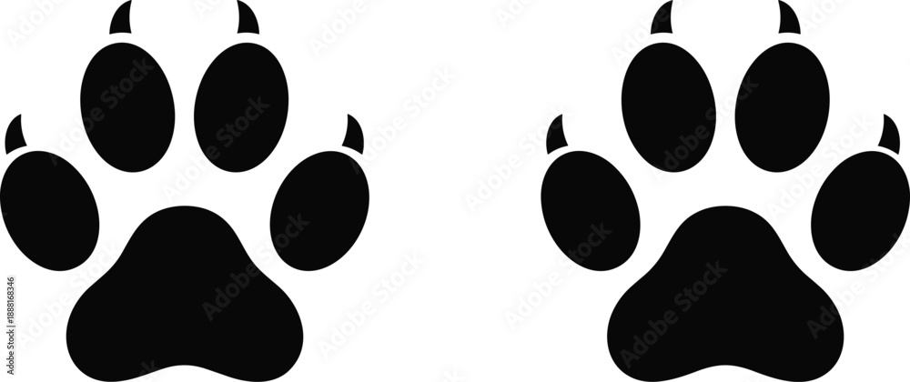 Fototapeta premium Black silhouette of two animal paw prints side by side, perfect for pet care, design, logo, tracking, or decoration.