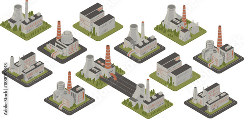 Isometric industrial power plant vector set featuring factories, cooling towers, chimneys, energy stations, manufacturing facilities, and infrastructure for smart industry maps, simulation games