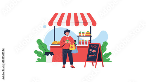 Customer standing in front of a colorful street food stall with various snacks, drinks, and a striped awning.
