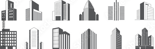 Minimal city building icons vector set featuring modern skyscrapers, office towers, urban skyline silhouettes, architectural symbols for web design, branding, mobile apps, real estate presentations