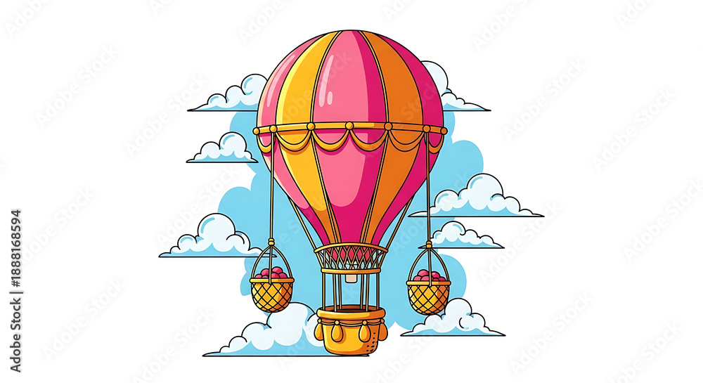 Fototapeta premium Pink and orange hot air balloon with baskets filled with red fruit floating among blue and white clouds