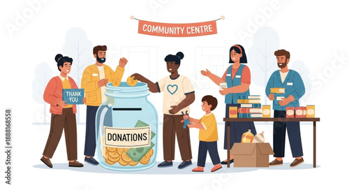 Diverse group of people donating to charity.