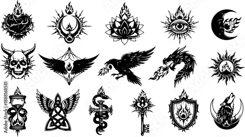 Occult Fire Symbols Silhouette Set – Mystical Eyes, Ritual Icons & Esoteric Elements