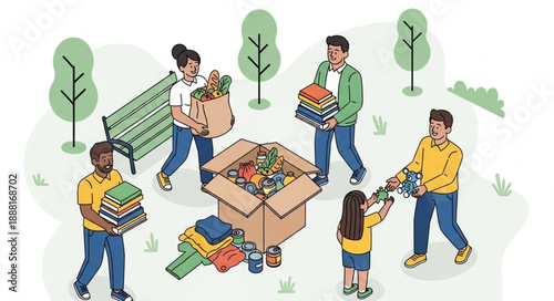 Diverse group of people donating items for charity.