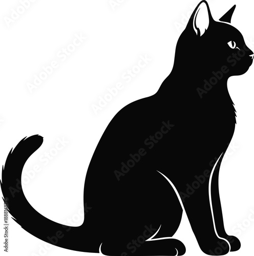 Elegant black cat silhouette sitting gracefully with curled tail, minimalist feline vector art for decoration, tattoo, logo, or design use.